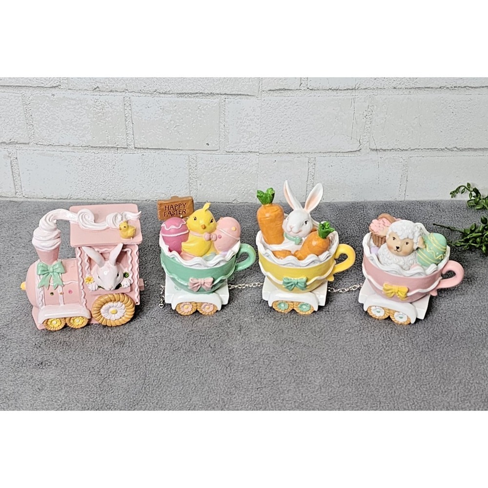 Easter Pastel Sugar Cookie Bow Teacups Train 4‎ pc Bunny Chick Lamb 16" NEW